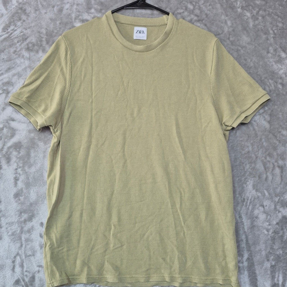 Zara Mens Waffle Knit Short Sleeve T-Shirt Sage Green Olive Large Portugal